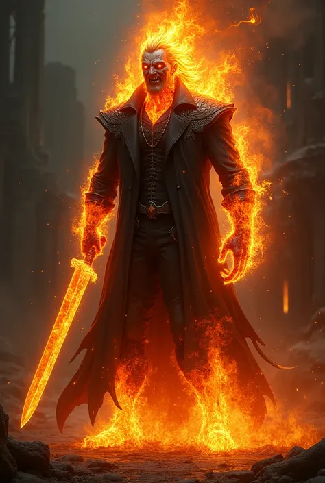 show me a 6ft man made of fire witha evil smile on his face with long hairs and in a black long thin coat  with fire in his one hand and a big long fired sword in his other hand in a black place