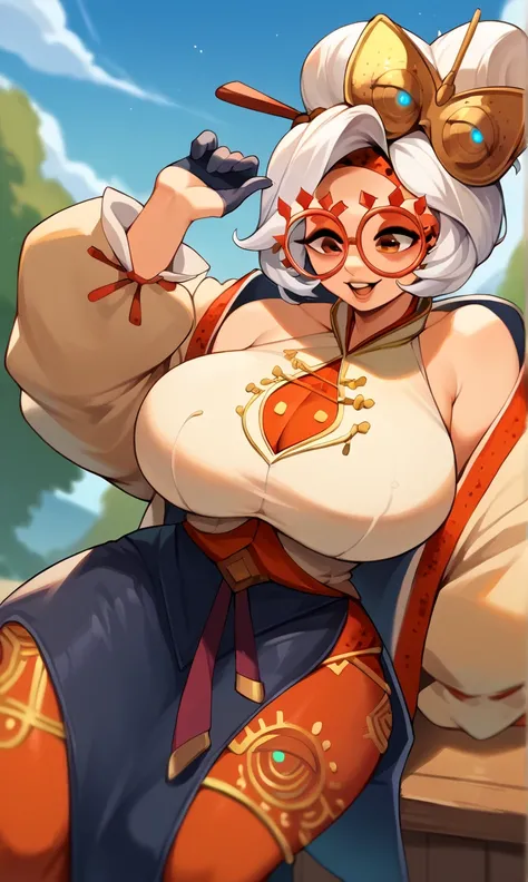 score_9, score_8_up, score_7_up, score_6_up, score_5_up, score_4_up, (source_anime), purah,
1girl,  huge breasts, narrow waist, thick thighs,  hair ornament, red headband, red glasses, sleeveless shirt, white coat, black skirt, red leggings, gloves, high h...