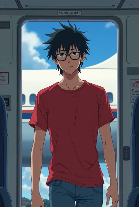 anime boy with medium hair with a red tshirt and rectangular glasses entering through a door, American plane