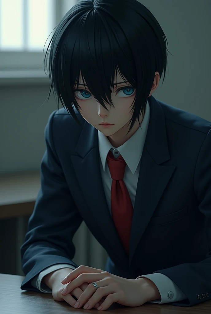  a beautiful boy with straight black hair, Detailed blue eyes, Nose, my lips,  wearing a Japanese uniform ,  sitting on a desk table , cruel and sadistic look , hp computer ( best quality,4k,8K,highres, masterpiece:1.2),ultra-detallado,HDR-10,iluminación d...