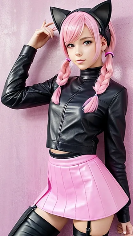  teenager with pink hair ,  slim model , pink leather korsett , tüll skirt pink ,  leather arm warmers blue,  knee-high leather boots, Cat ears, bouncy castle, twintails

