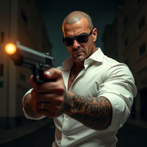 Realistic: A gangster gentleman wearing white long sleeves and sun glasses. Holding a Hand gun. With a tattoo in his arms that says "BOSS B".