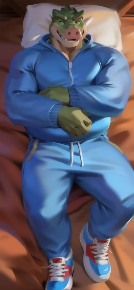 Solo, male Tall​ ,huge​ body​,​ sleep ,bed​ , pig​ crocodile ,blue Tracksuit soldier , Wear combat shoes, overweight, muscular, Sexual​ Emotions​ happy​, by chunie