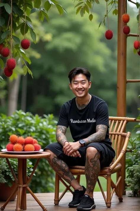 A Korean man, full body tatto ,sitting on a bamboo chair, wearing a black T-shirt with the name "RAMBUTAN MUDA " undergoes short black cargo pants , wears black casual shoes while smiling in front of the camera,Garden background ,  next to him there is a r...