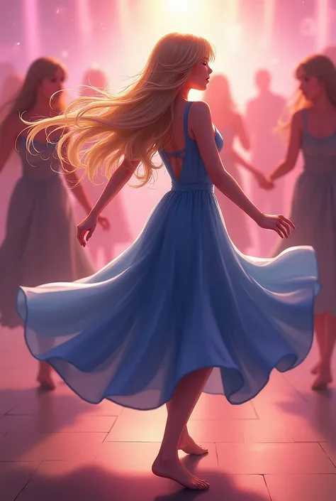  A smoothly dancing girl with long yellow hair with her eyes closed in a blue lush dress on the dance floor.  Girls are dancing next to her . The air is saturated with smoke .  The pink light of anime style 