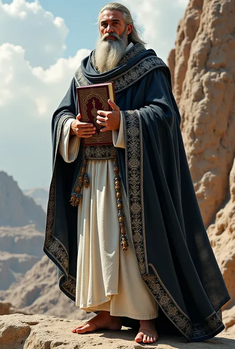 Prophet David full body  wear a black silver full embroidery shawl and white dressing  and hold a something  big book stand on rock 