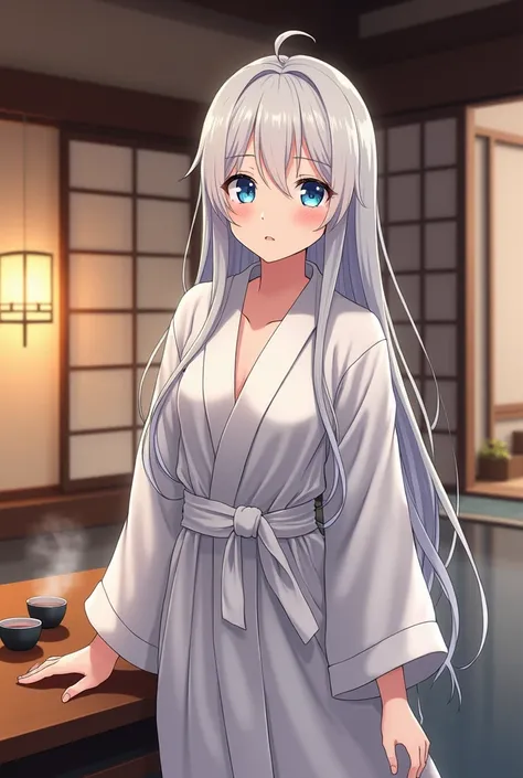 An anime-style depiction of a 16-year-old young woman in a modern isekai fantasy world. she has a burst size H-cup, She has long, flowing light gray hair, now loosened from its usual high ponytail, cascading down her back and shoulders in soft, damp waves,...