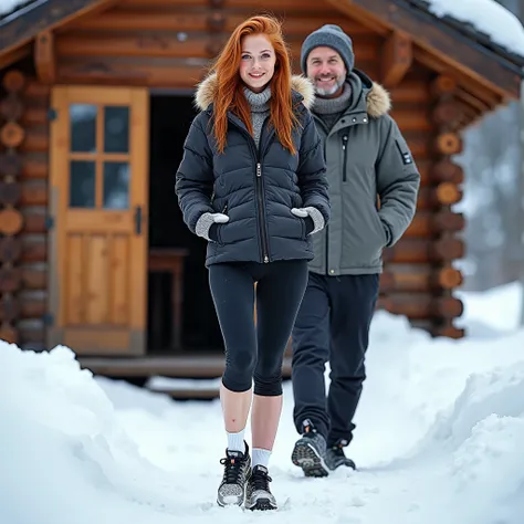 (Full body:1.5)，(1 young lady and her father:1.3),(Show viewers:1.4)，(Anatomy correctly:1.3),(in front of the door of a mountain cabin:1.2), ultra hot, beautiful European girl, Age 21, normal body, red hair, keen focus, perfect face., 3/4 leggings, bare ca...