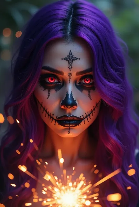 Woman Long purple hair Red pupils Black white Mexicana la Caterina makeup that looks like the mouth is stitched Bright sparks in the foreground
