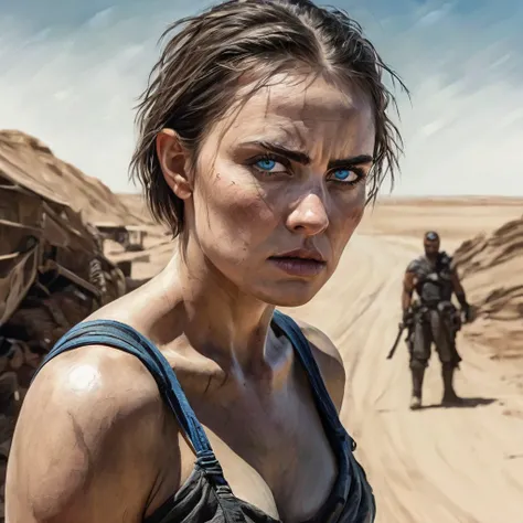 furious,Mad Max,thin woman,short hair,painted face,Half black,huge blue eyes,illustration,circumstantial, highly detailed face and eyes ,desert background,fierce expression,dystopians style,color grading:contrast,low key lighting,Altas, conceptual art,Acti...