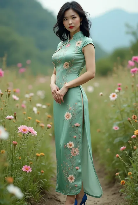 Young woman approaching from the front, woman art, mature and fashionable Chinese woman, wearing a cheongsam with various flowers in a light green fabric, with a nice figure, curvaceous, natural breasts, short to medium wavy black hair, curvaceous figure, ...