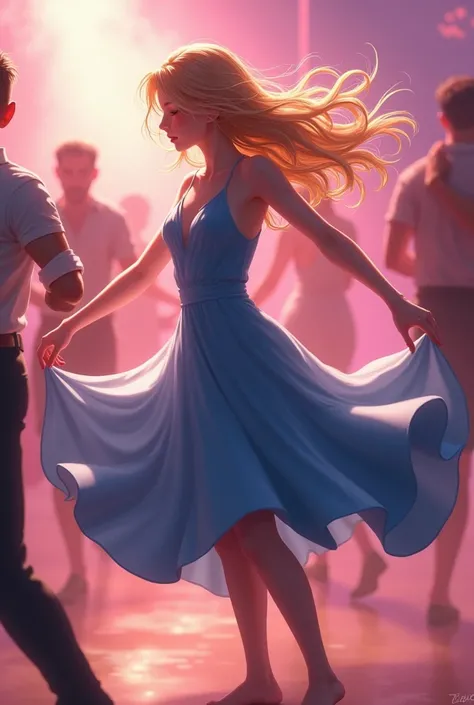  A smoothly dancing girl with long yellow hair with her eyes closed in a blue lush dress on the dance floor.  Girls are dancing next to her . The air is saturated with smoke .  The pink light of anime style 