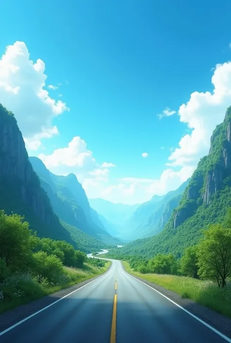 Remove the background and set a perfect background like highway road and green mountains beside the road also blue sky.