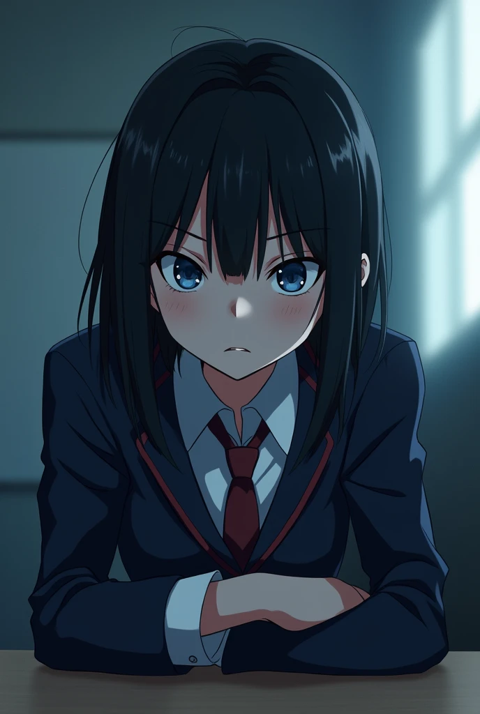 A handsome anime boy with straight black hair with straight-cut bangs, Detailed blue eyes, Nose, my lips,  wearing a Japanese uniform ,  sitting on a desk table , cruel and sadistic look , hp computer ( best quality,4k,8K,highres, masterpiece:1.2),ultra-de...