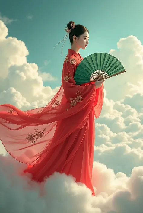 A 19-year-old Chinese girl wearing a red Tang Dynasty ancient Chinese dress, flower ornaments and a gold hairpin, holding a large green iron fan, standing on a cloud.