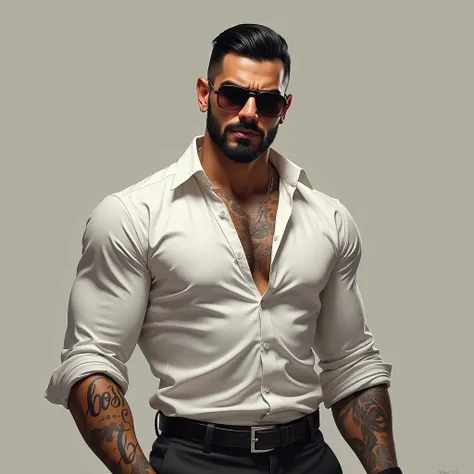 Realistic: A black haired gangster gentleman (medium build)  wearing white long sleeves and sun glasses. Holding a Hand gun. With a tattoo in his arms that says "BOSS B".