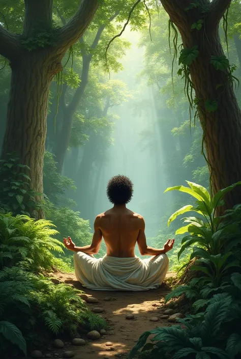  indian prince meditating in jungle in simple clothes 