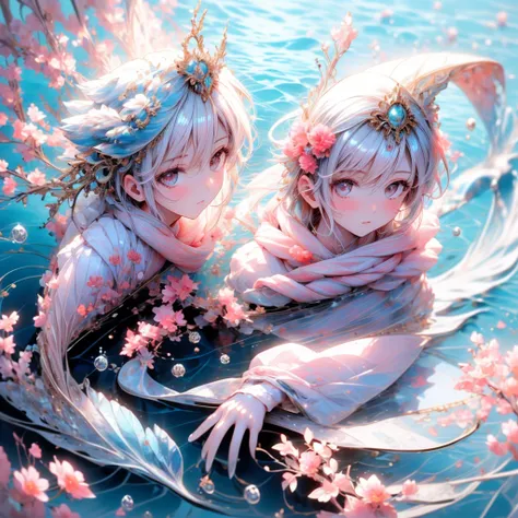 masterpiece: 1.2,  high res,32K,  photorealistic : 1.37,  Ultra Details: 1.2,  cute girl in the ocean , Dolphin ride, (首にかわいい赤い scarf: 1.4), 笑faceの匂い, Beautiful and delicate (hair, face,  scarf, skin, foot, In the water, bubble): 1.4,  blushed,  with her m...