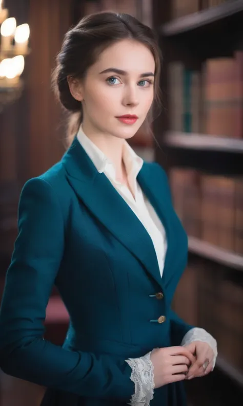 Portrait of a young woman in an elegant wool business suit, (Big :1.5), Bokeh,  interstellar , Film Grain, An old 18th century magical fantasy library
 perfecteyes  ,