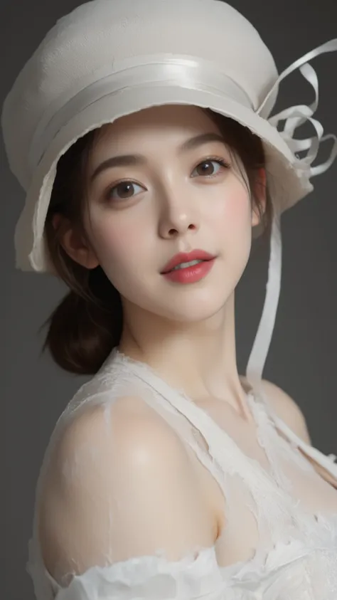 Oriental women with white skin, she is wearing a white hat that matches her elegant off-shoulder dress. the hat is a cloche style with a slightly rounded crown and a brim that curves downwards. a long, thin ribbon flows from the back of her hat. her makeup...