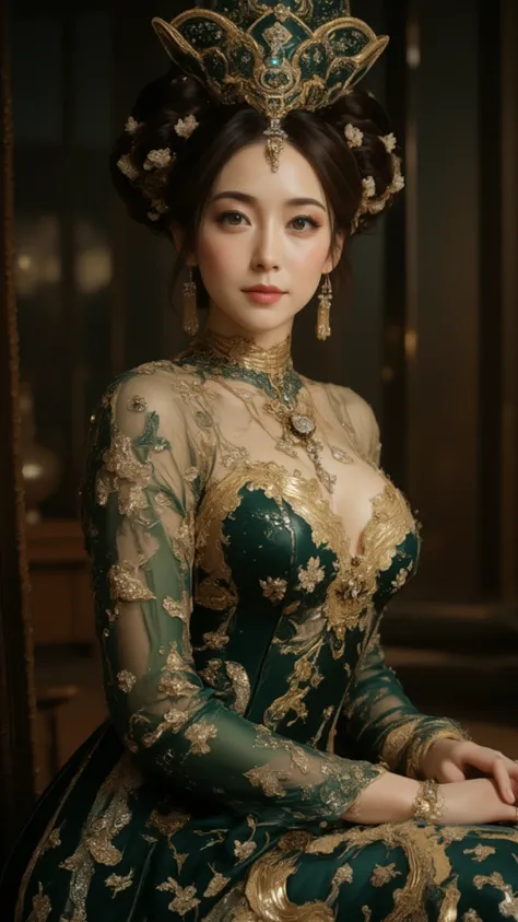 An oriental woman in an elaborate dress reminiscent of a royal family.  She is wearing a long dark green dress with gold embroidery and lace details .  The dress has a high neckline and long sleeves .  Her hair is a braided headdress, jeweled headpiece, an...