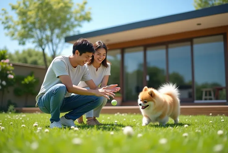 A highly realistic photograph of a Japanese couple in their 40s playing with their fluffy Pomeranian in the spacious garden of their modern single-story house. The husband, dressed in casual jeans and a light T-shirt, is crouched down, tossing a small ball...