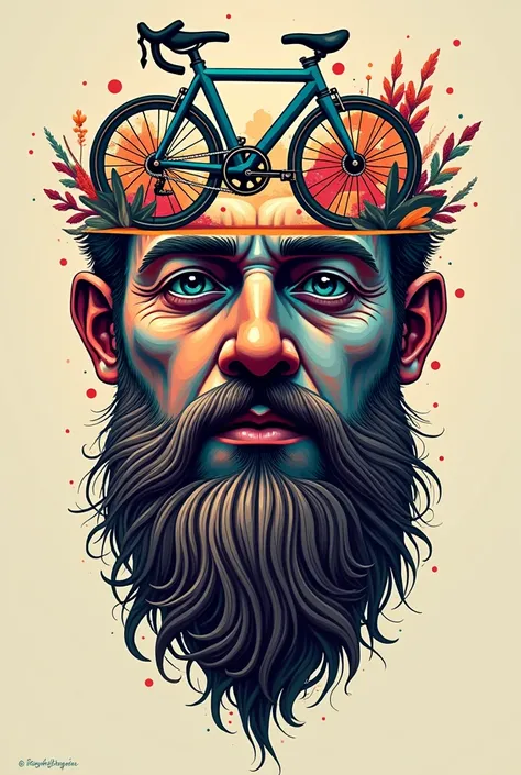 "A surreal and artistic depiction of a mans face where his beard and mustache creatively form the shape of a bicycle. The face is highly detailed, vibrant, and filled with intricate colorful patterns, blending abstraction and realism. The design is unique,...