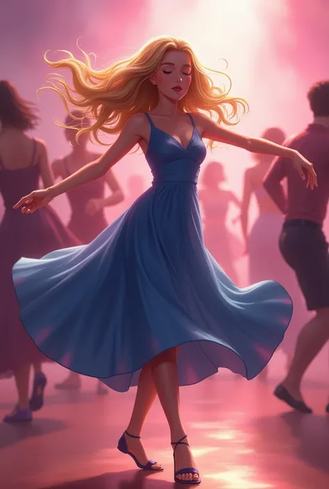  A smoothly dancing girl with long yellow hair with her eyes closed in a blue lush dress on the dance floor.  Girls are dancing next to her . The air is saturated with smoke .  The pink light of anime style 