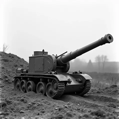  Black and white photo ,  on a stationary carriage , dug into the ground , , a German large-caliber artillery gun , with a long barrel ,  lies vertically and in full length , 1942 production ,  World War III .  photorealistic ,  top quality ,  very realist...