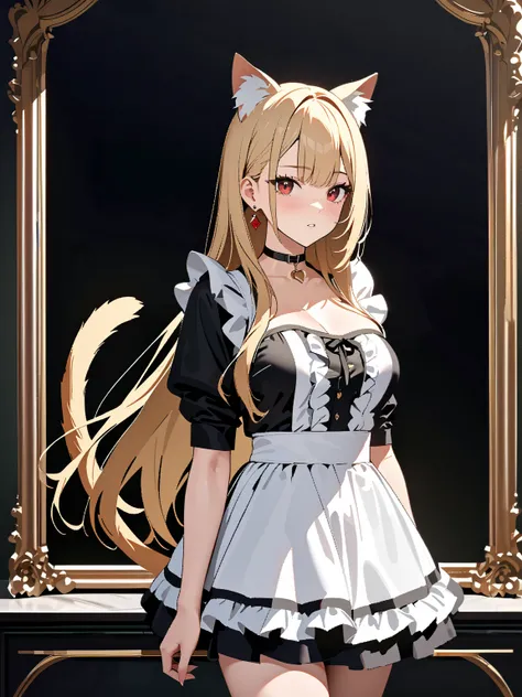 Cat ears,  cat tail,  maid clothes, whole body, Kitagawa Marin, 1girl, blonde hair, long hair, multicolored hair, red eyes, jewelry, earrings, piercing, black choker, masterpiece:1.5, masterpiece, highest quality, UHD, retina, masterpiece, accurate anatomy...