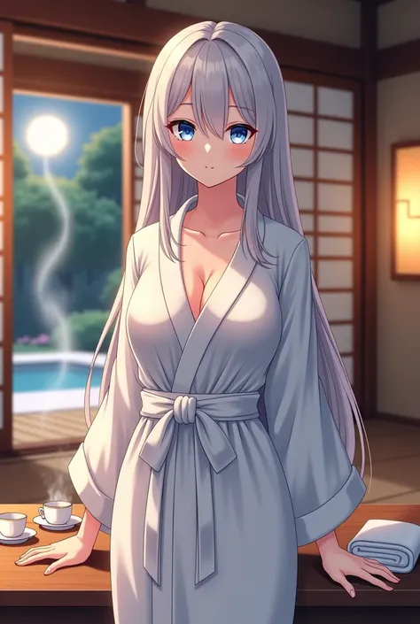 An anime-style depiction of a 16-year-old young woman in a modern isekai fantasy world. she has a bust size H-cup, She has long, flowing light gray hair, now loosened from its usual high ponytail, cascading down her back and shoulders in soft, damp waves, ...