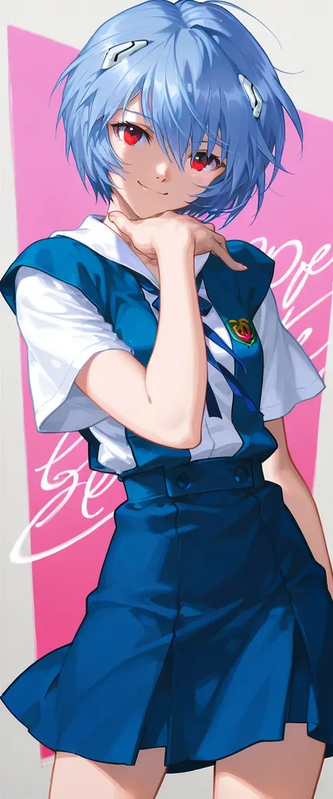  top quality , masterpiece,         ,             1 girl,   ,            viewers,  ,      smile,,           Neon Genesis Evangelion 、    Rei Ayanami、 blue hair、 short hair、 red eyes、 high school uniform 、  blue uniform、 、Pop Background 、   spray art、 cowbo...