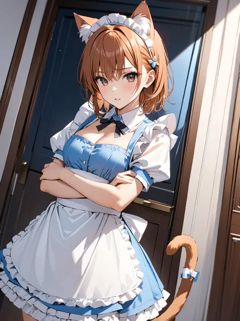 Cat ears,  cat tail,  maid clothes, whole body, (Misaka Mikoto), masterpiece:1.5, masterpiece, highest quality, UHD, retina, masterpiece, accurate anatomy, super detailed, high quality, best quality, 8k