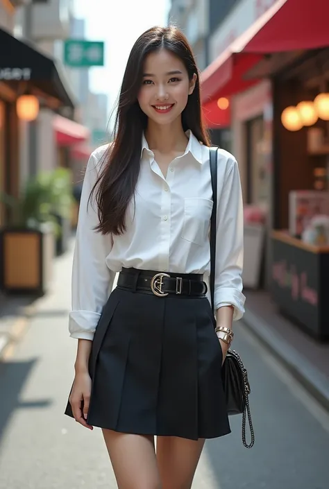 ((highest quality、In 8K、masterpiece:1.3))、long straight hair、japanese woman、1 girl、smile、full body image、white shirt、A black skirt with a shiny black patent leather belt、black boots、cowboy shot、front image、slim face、Beautiful woman、(dark brown hair)、(T-shi...