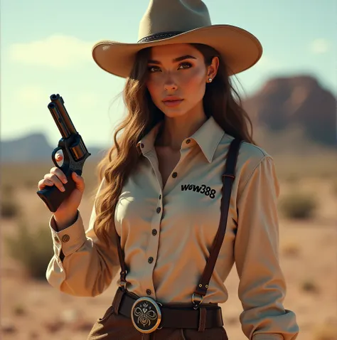 8K beautiful and charming cowboy woman wearing a shirt with the words WOW388 is holding a Colt Python pistol