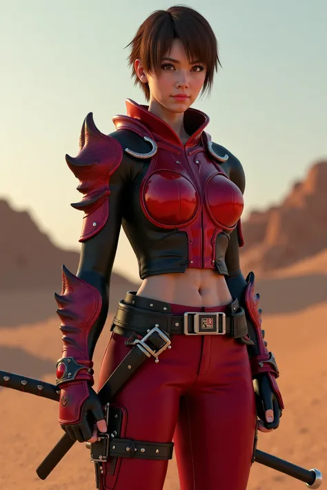 8k,Barren Earth Adventurer Outfit,Traveling through the dusty wilderness,Light brown short hair,So beautiful Japanese women, Red and black large breasted breastplate(Devil&#39;s Crest),so beautiful(Like the real thing),Red and black shoulder armor for the ...