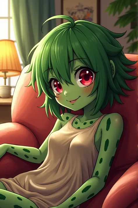 create image of watermelon monster girl, her skin have a watermelon rind pattern, red eyes, black pupil, green short messy hair, overgrown hair bangs that covered her eyes, loose tank tops, mischiveous smile, couch, lamp, coffe cup, detailed background, le...