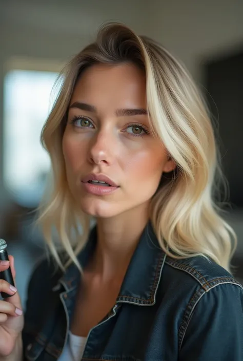 Photo of a blonde woman using a wireless microphone clip while creating content 