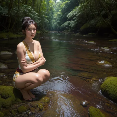 beautiful Indonesia girl 25 year old,hair in a bun,stocky and sexy body,very big breasts,very white skin,wearing a maroon batik cloth up to the chest,hands holding head,squatting on the rocky river bank and the water is clear.green forest background