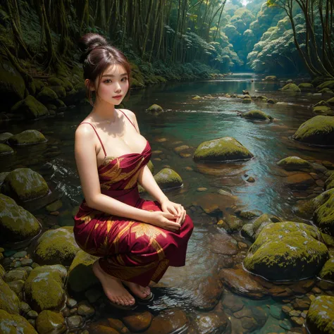 beautiful Indonesia girl 25 year old,hair in a bun,stocky and sexy body,very big breasts,very white skin,wearing a maroon batik cloth up to the chest,hands holding head,squatting on the rocky river bank and the water is clear.green forest background