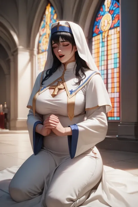 manhwa style, wavy long Black hair closed girl, sexy body, priestess wearing white fantasy entire priest robes, kneeling on the floor praying, in a church praying conservative clothes, thight on and under chest, men gathering around her,man lower body mast...