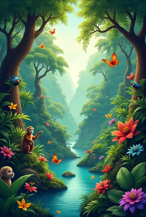 A colourfull jungle with trees flowers and animals playing around 