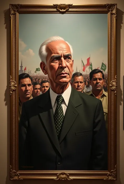 Mohammed Ali Jinnah looking at the crowd from a painting which is hanging on the wall