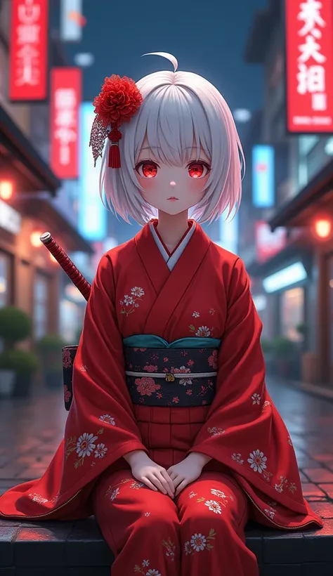 masterpiece,  top quality ,  high res,  very detailed,(((pretty girl with albino))), ((( Japanese Anime))), ((( short hair))), (((Red Yukata))), ((( has a Japanese sword))), (((Red Misanga ))), ((( hair ornament))), ((( in cyberpunk streets))), ((( sitting...