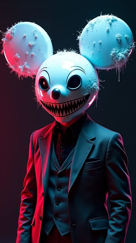 Deadmou5 with white chews Mickey Mouse ears jocker laughing neon black background neon splash 