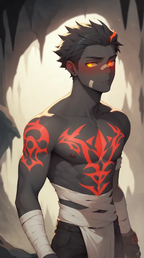 masterpiece,  Best Quality , Handsome boy，slim figure，dark cave， Glowing Eyes ，(( black body))，red tattoo ，bandage，Mucus， blush