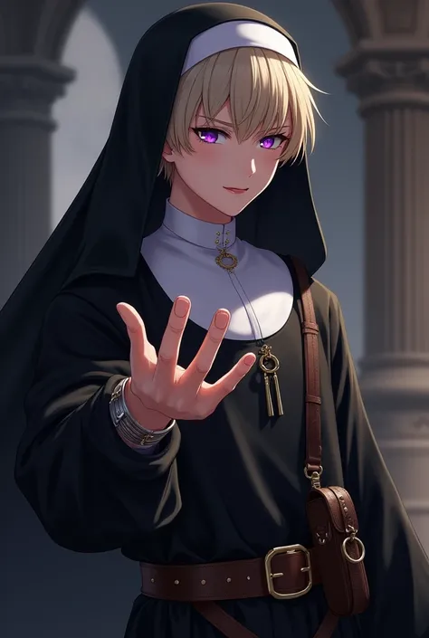 young and handsome man,( Highest quality , Extremely detailed representation , incredibly high resolution , anatomically accurate representation,Curvy legs, nice hands ,Perfect fingers),( shiny leather,Cave),(nuns, Shiny and intricate nuns clothing ,long b...