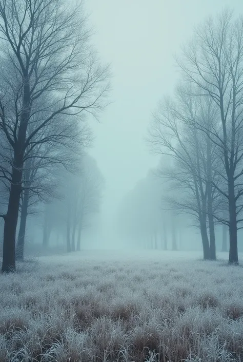  Winter arrives
"The meadow covered in frost, with bare trees and a cold, cloudy sky