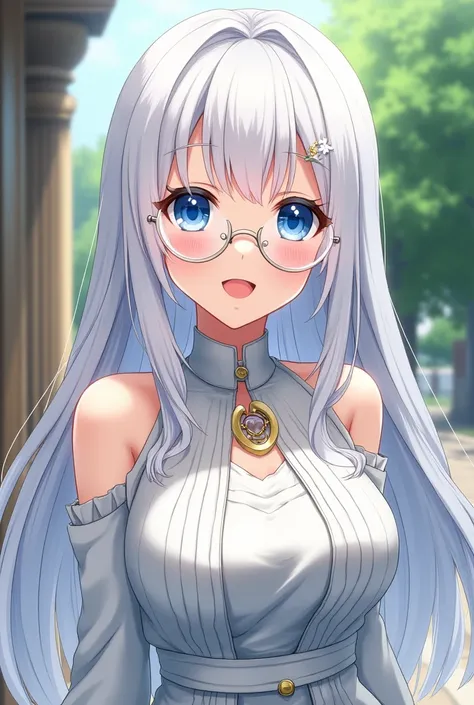  female anime character with white hair ,  blue eyes , wearing transparent glasses , slightly large chest,  sweet and wide smile , and wear elegant long clothes with clearly written Filo, 