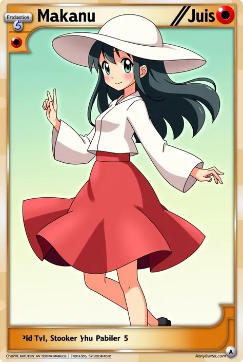 pokemon card with a girl in a red skirt and a white hat, a pastel inspired by Hirosada II, tumblr, shin hanga, trading card, trading card fond, pokemon card, the front of a trading card, pokemon trainer, ssr card, trading card game, shiny!!, nishimiya shou...